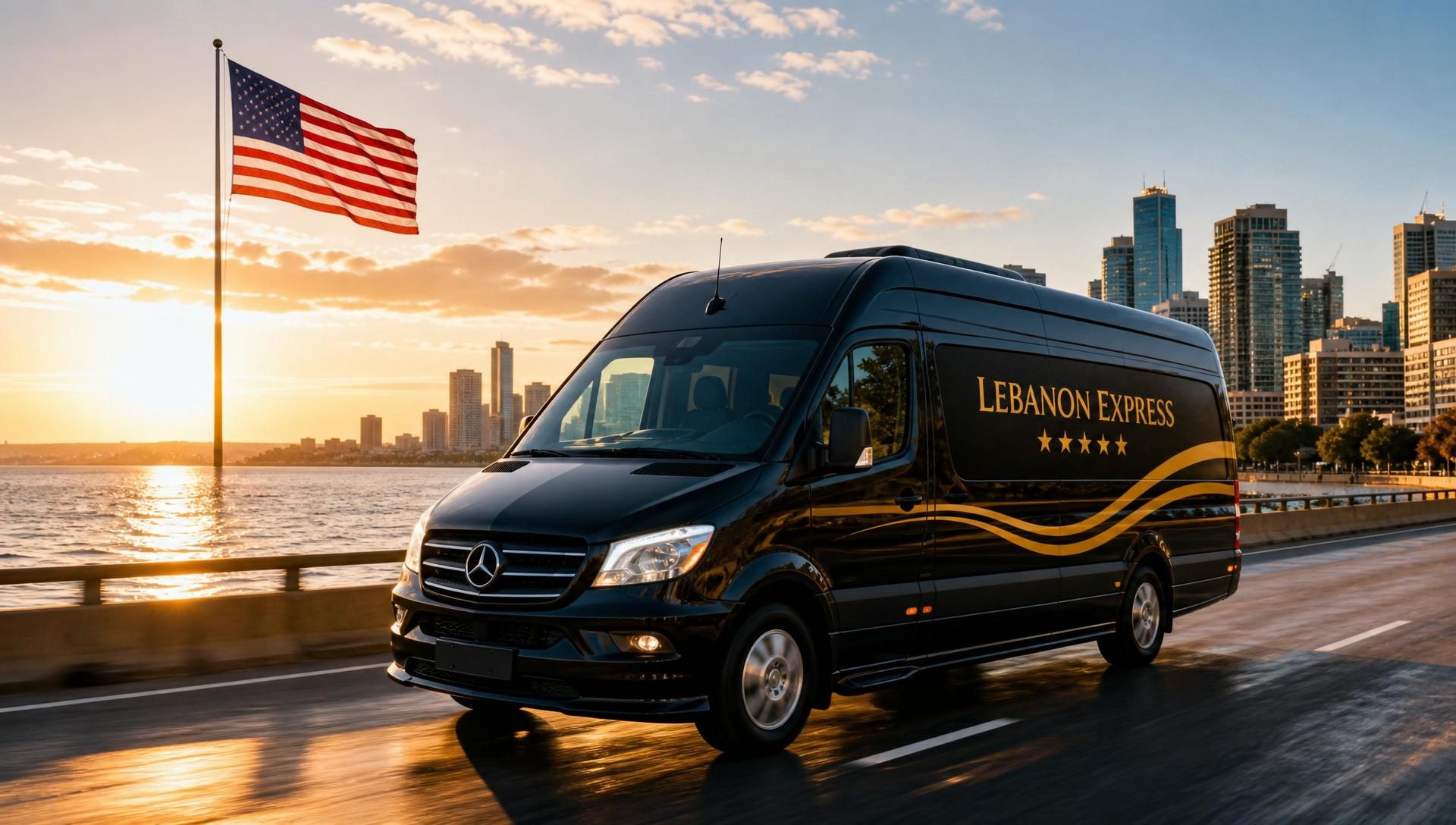 Van negra de lujo de Lebanon Express en una carretera costera libanesa con el mar Mediterráneo al atardecer